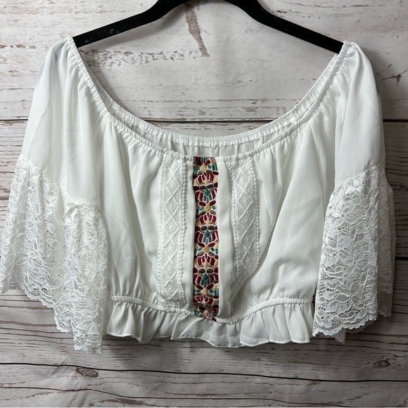 Nwt Shein Vcay Lace Panel Off Shoulder Peplum Crop Blouse - Picture 2 of 7